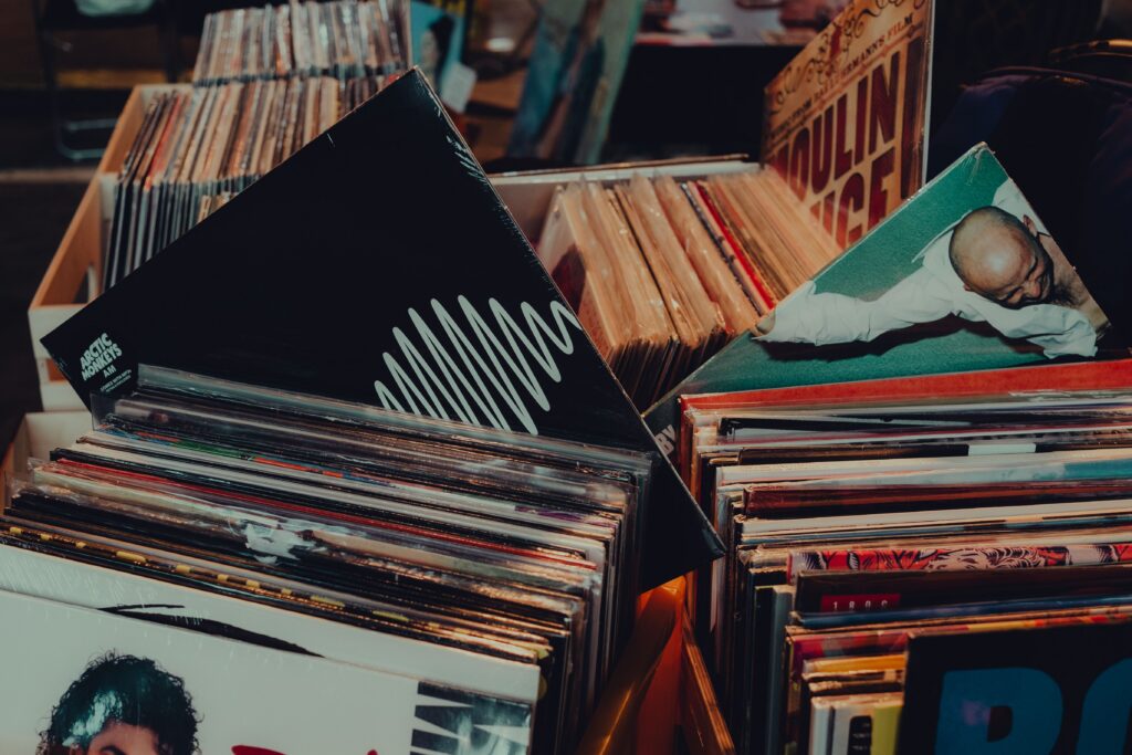 Explore a collection of vintage vinyl records on display in a Saint Petersburg shop, offering a retro music experience.