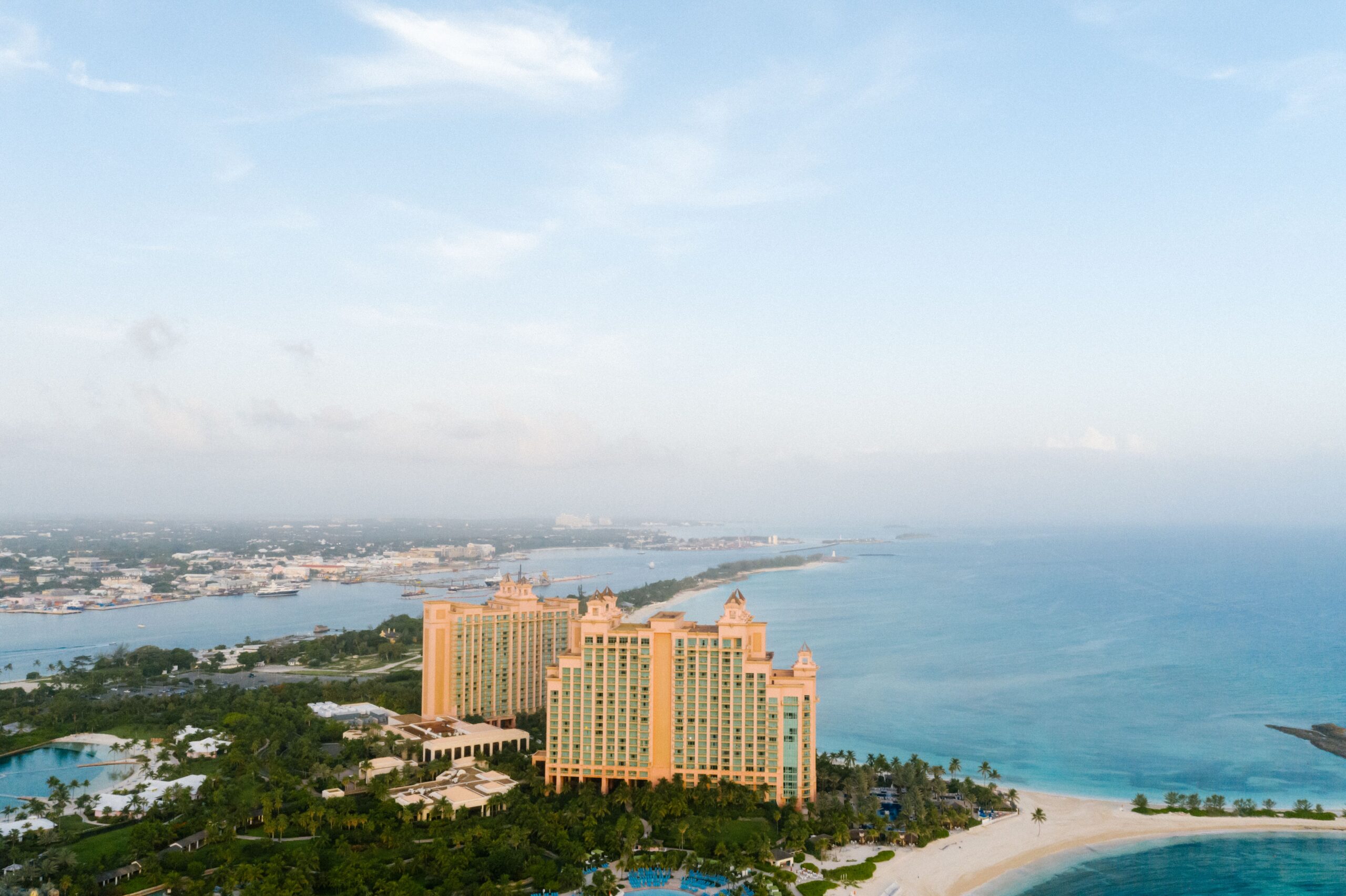 Stunning aerial shot of the Atlantis Resort by the ocean in Nassau, Bahamas.