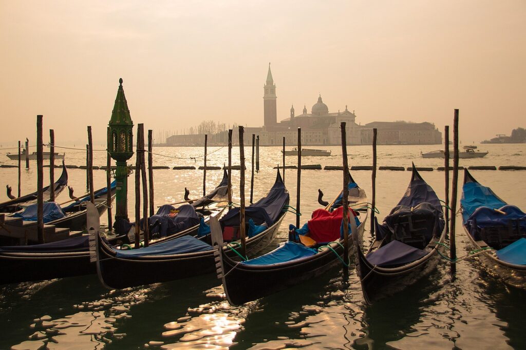 venice, gondolas, sunrise, nature, water, boats, italy, vacation