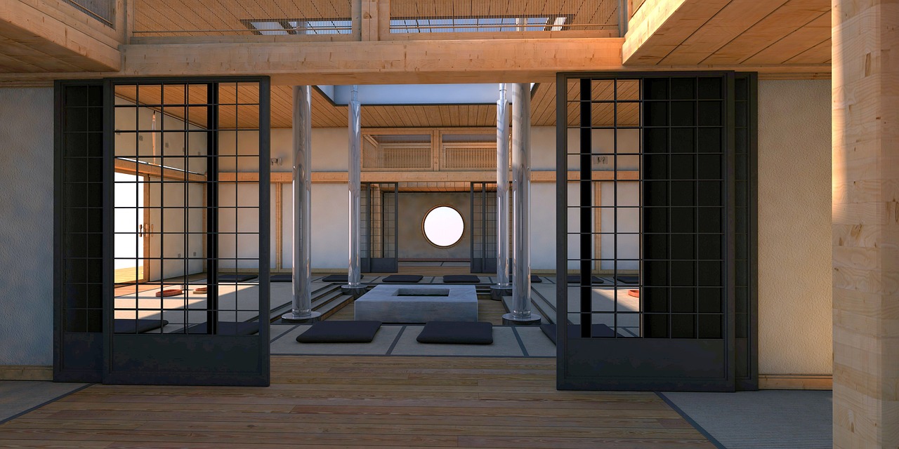 asian, reside, living room, japanese, nature, inner space, to travel, sun, sunny, screen, shoji, tatami, meditation, temple, relaxation, wellness, 3d, visualization, 3d model