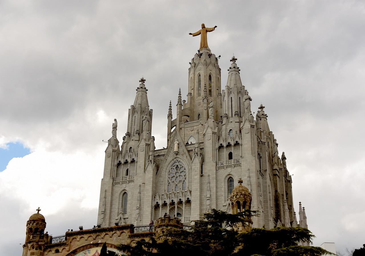 church, basilica, tibidabo, barcelona, mountain, facade, tourism, landscape, nature, landmark