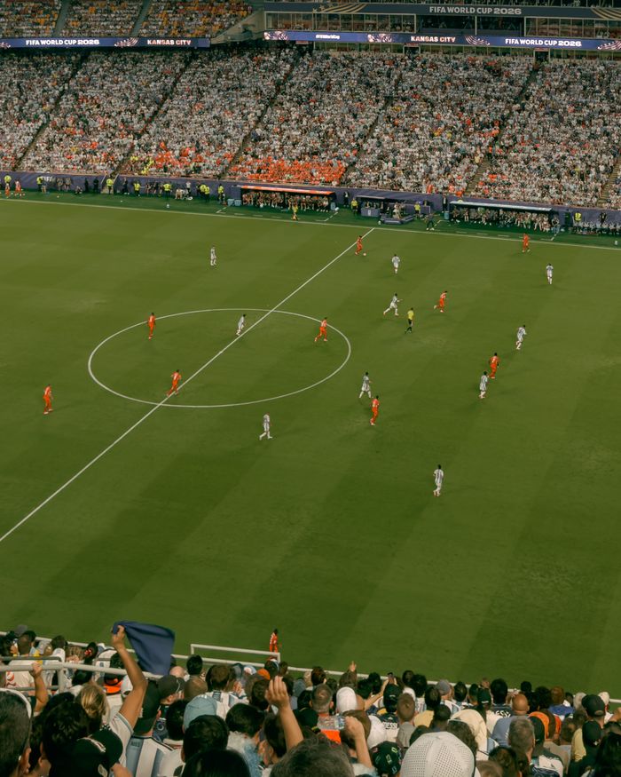 Aerial view of a thrilling soccer match at the World Cup 2026 in Kansas City.