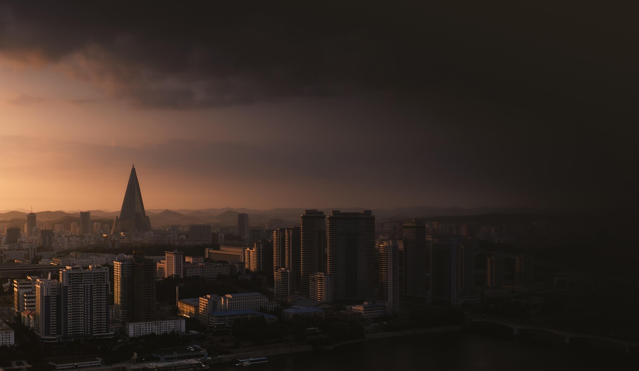dragon palace hotel, building, city, cityscape, skyline, city view, nature, north korea, pyongyang, sunset