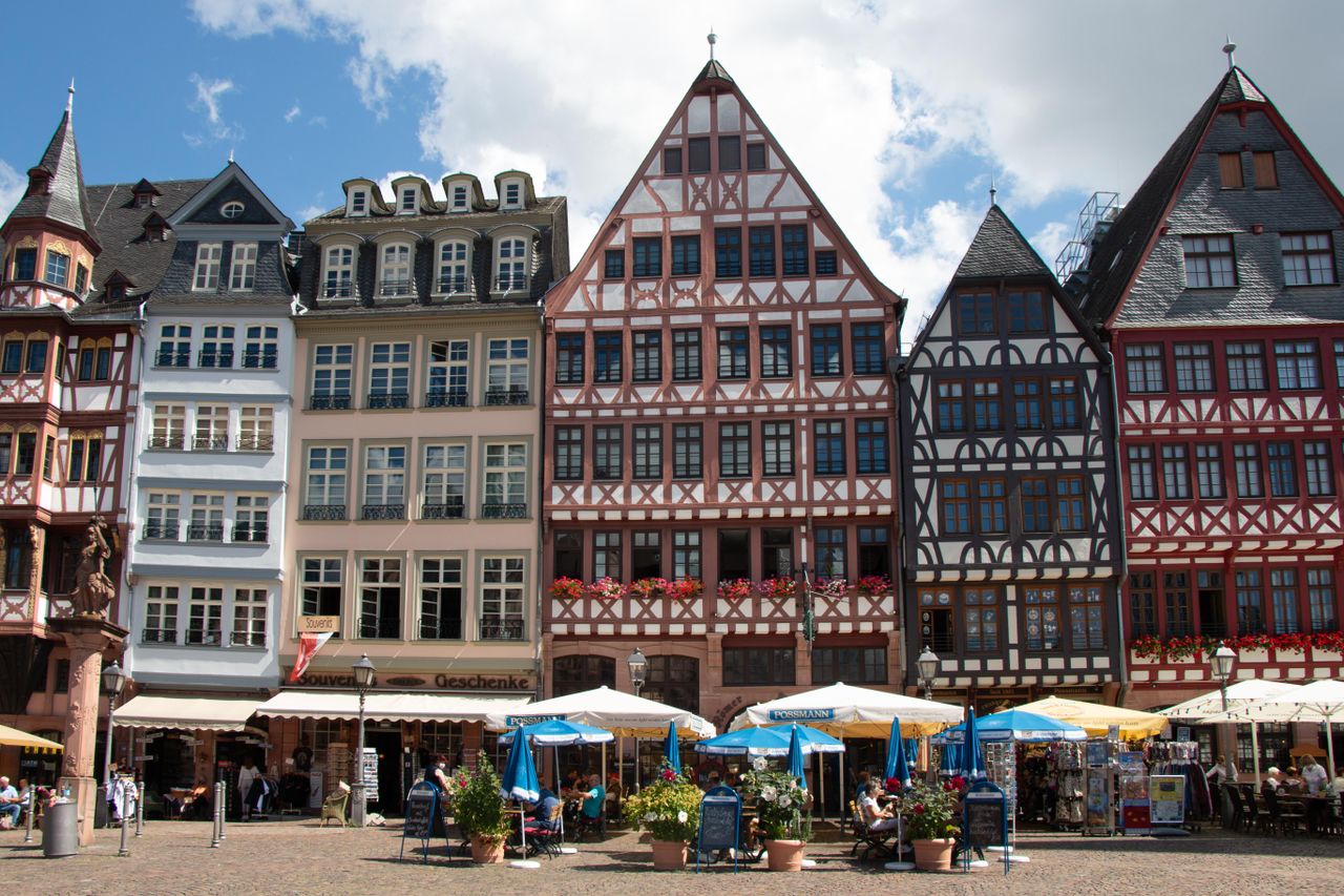 Charming half-timbered buildings at Römerberg Square, Frankfurt.