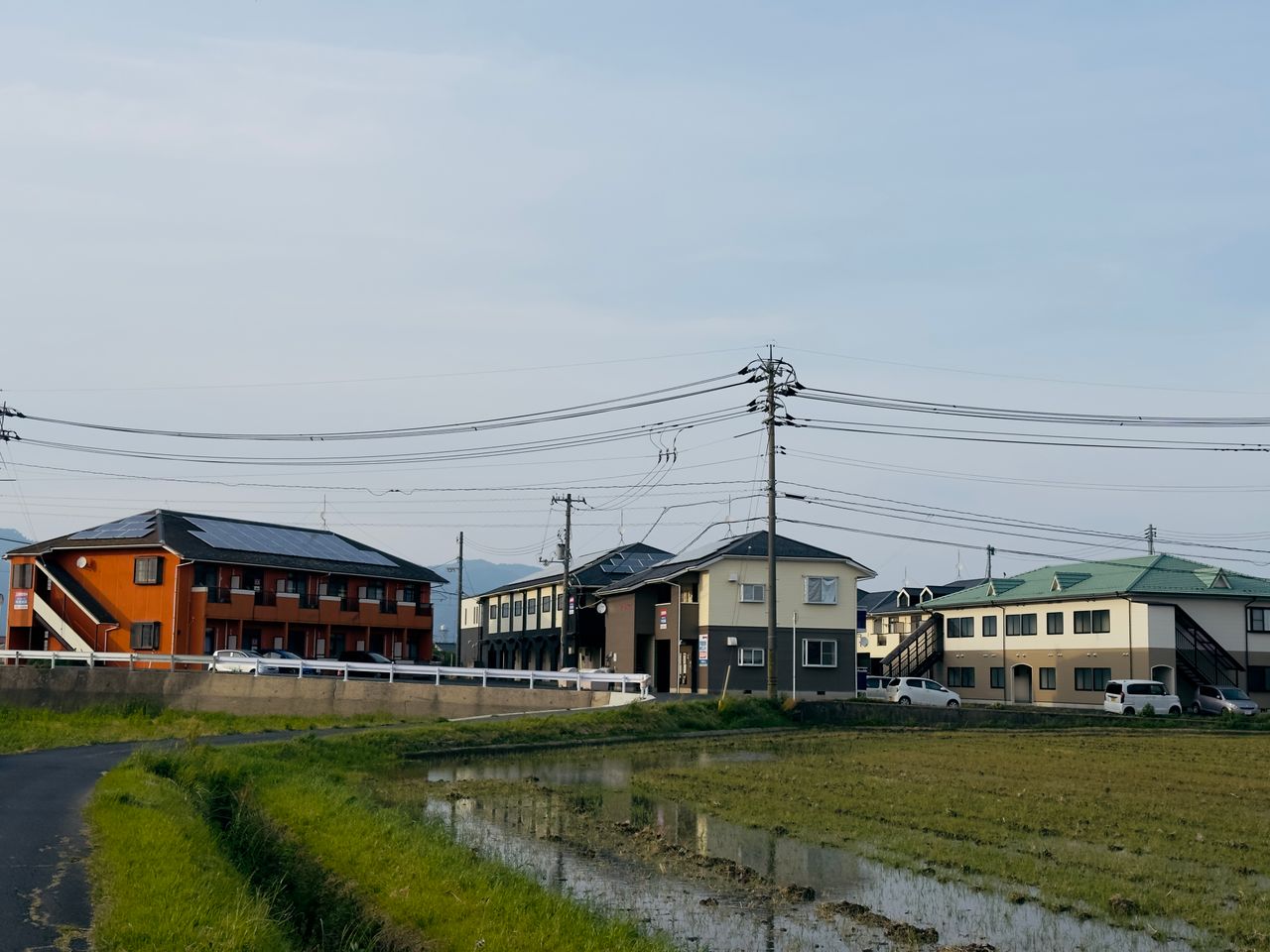 A peaceful Japanese suburban scene with traditional houses and a rice field.