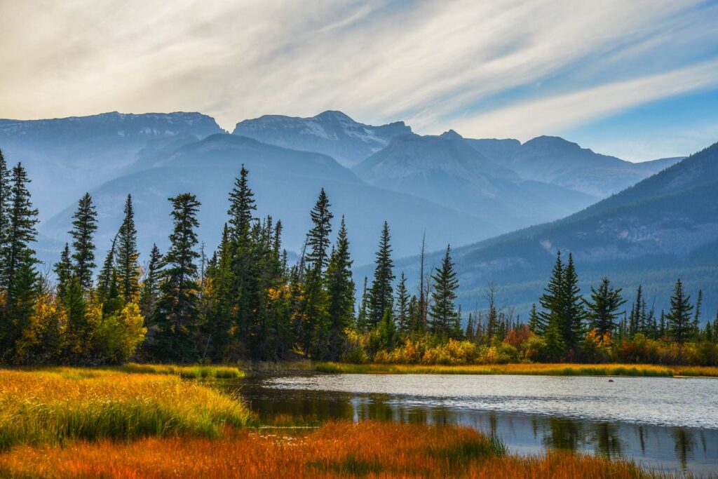 Explore the serene beauty of Jasper National Park with colorful autumn foliage and mountain vistas.